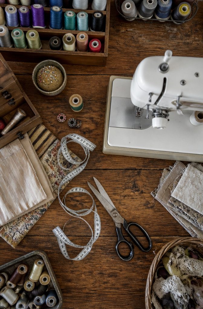 A collection of tools needed for making and hanging fabric shades.
