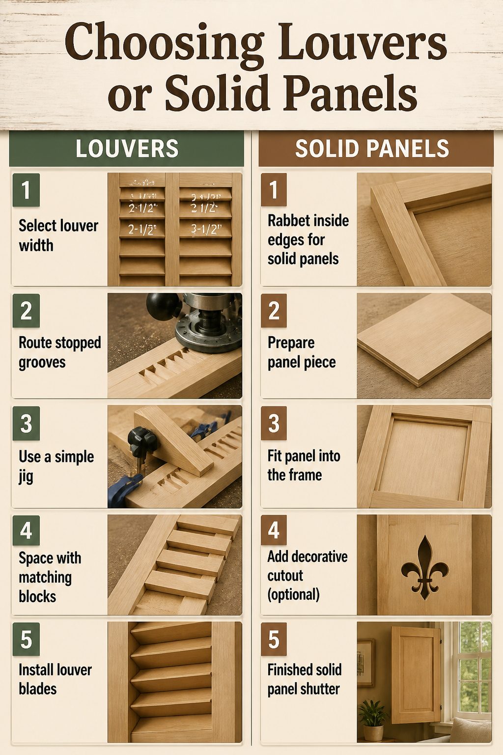 How to Build DIY Interior Window Shutters: 6 Methods from Frame to Finish 5 Different widths of louvers displayed for interior window shutters.