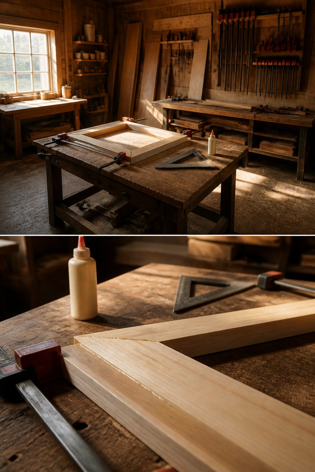 How to Build DIY Interior Window Shutters: 6 Methods from Frame to Finish 4 Wood frame assembly for shutters, showing glue and clamps.