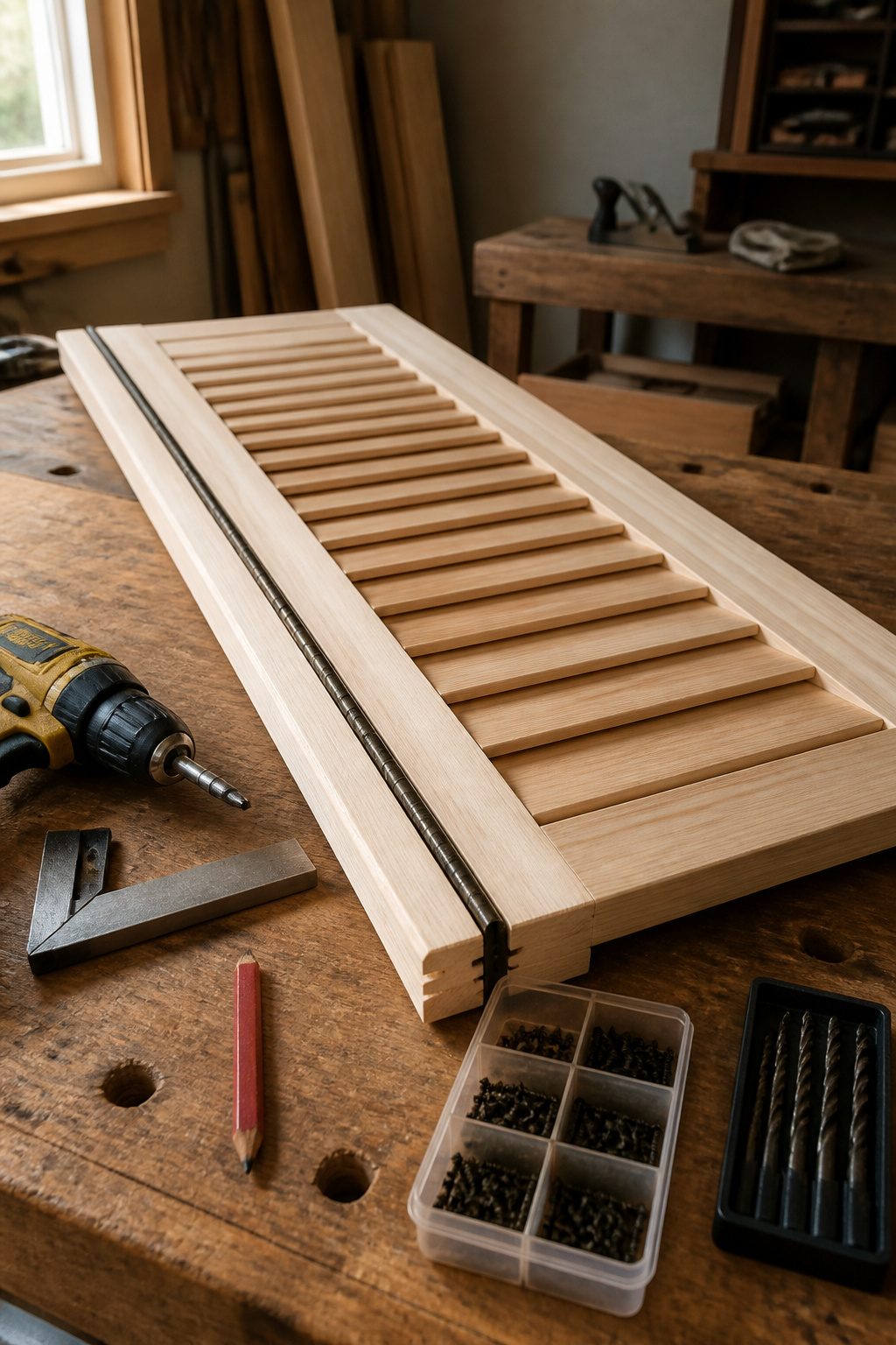 How to Build DIY Interior Window Shutters: 6 Methods from Frame to Finish 6 Hinge placement marked on a shutter panel for installation.