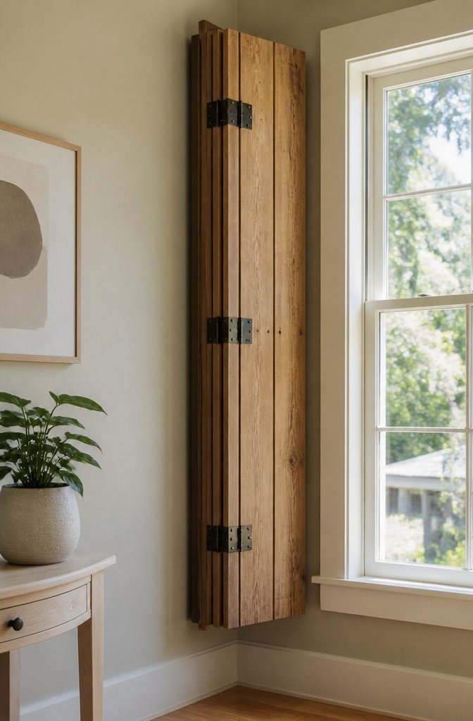 How to Build DIY Interior Window Shutters: 6 Methods from Frame to Finish 10 Elegant bifold shutters folded against a sunlit wall.
