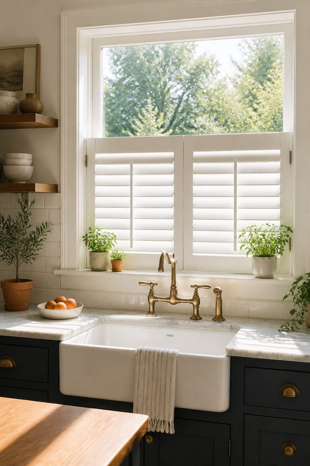 How to Build DIY Interior Window Shutters: 6 Methods from Frame to Finish 13 Cafe shutters on a kitchen window allowing light while providing privacy.