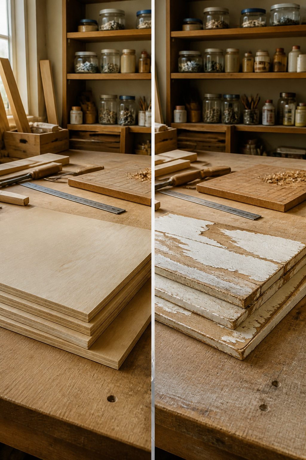 How to Build DIY Interior Window Shutters: 6 Methods from Frame to Finish 2 Birch plywood sheets stacked, ready for DIY shutter construction.