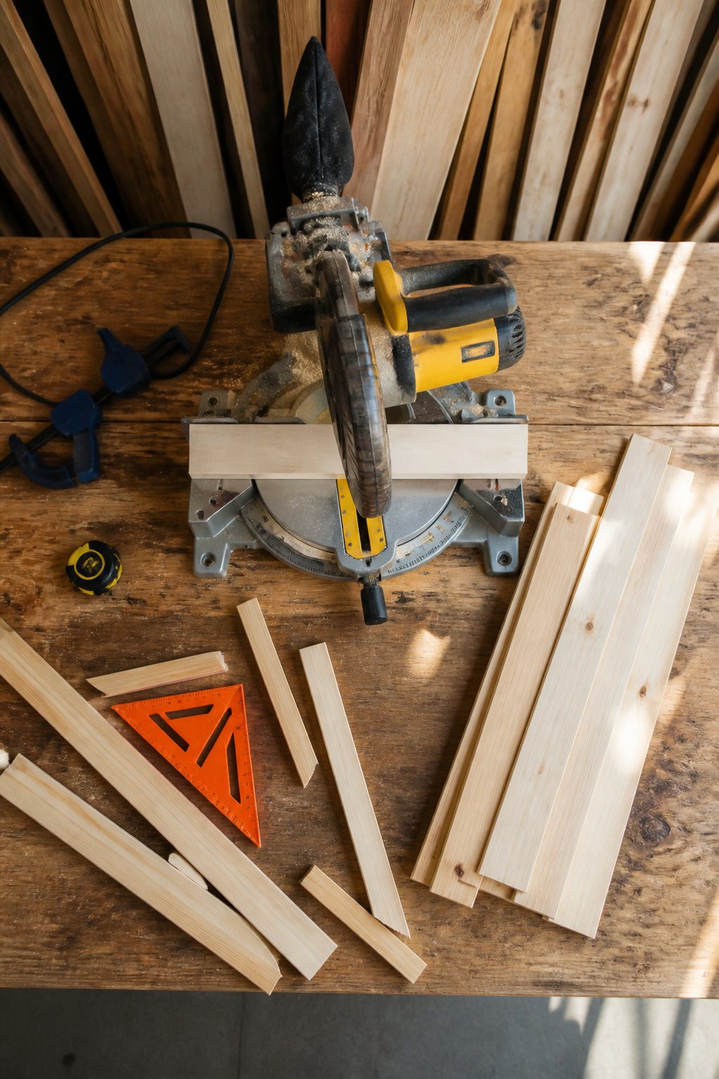 How to Build DIY Interior Window Shutters: 6 Methods from Frame to Finish 3 A miter saw cutting wood pieces for interior window shutters.
