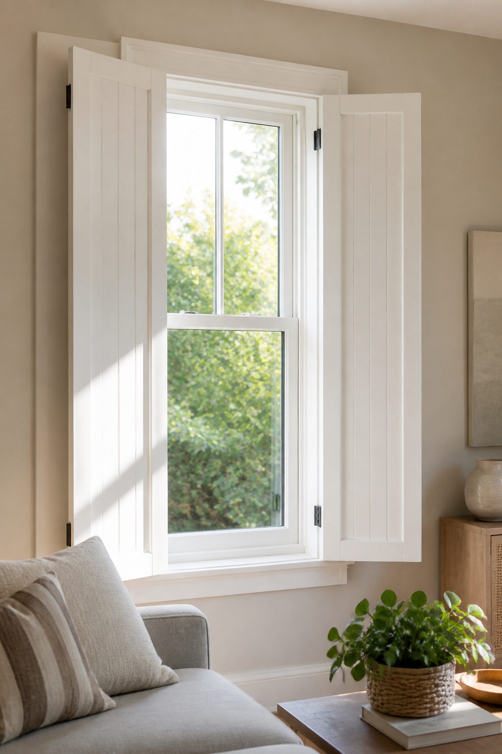 How to Build DIY Interior Window Shutters: 6 Methods from Frame to Finish 9 Full-height hinged shutters painted white, framing a sunny window.