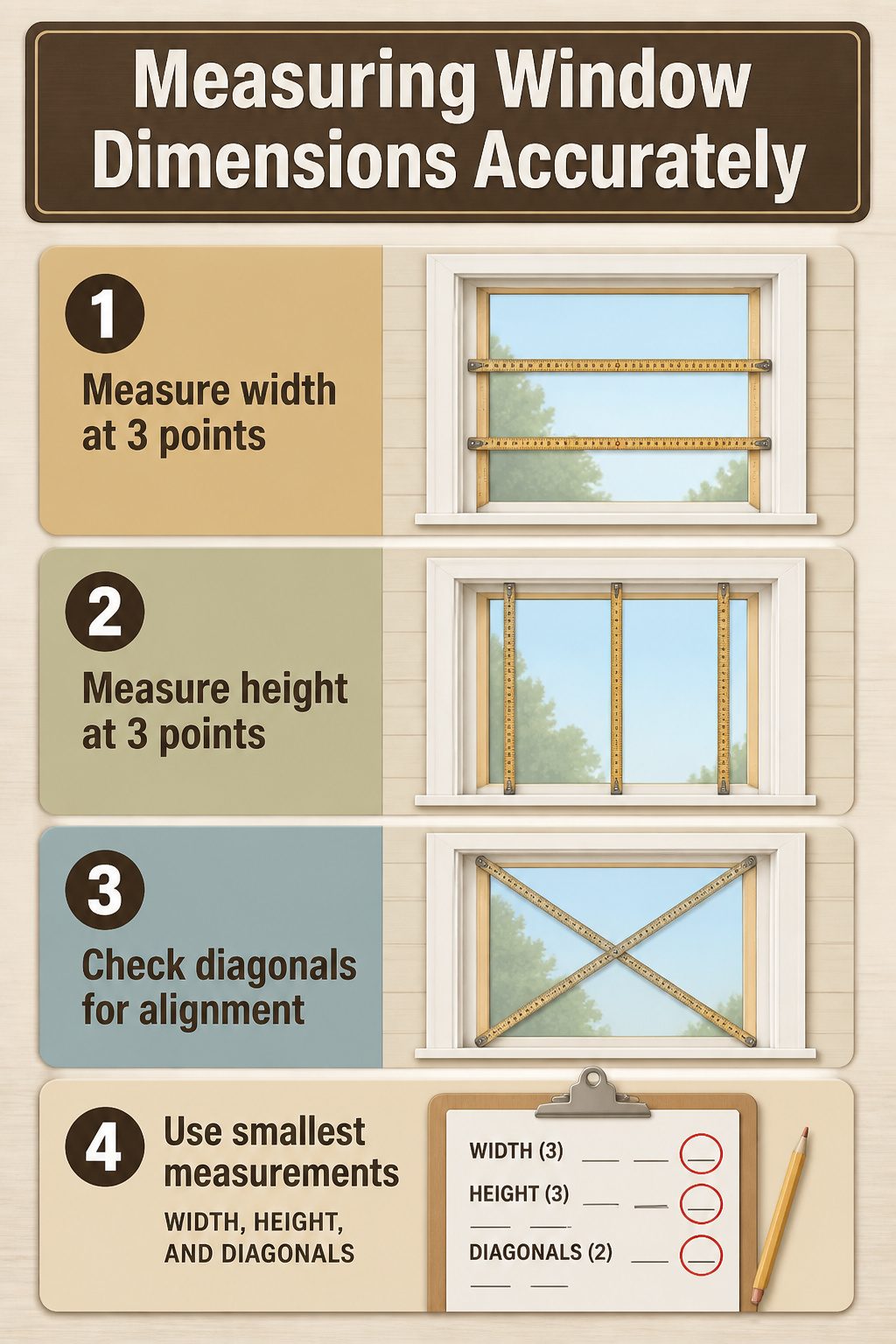 How to Build DIY Interior Window Shutters: 6 Methods from Frame to Finish 1 A folding rule measuring window dimensions on a wooden frame.