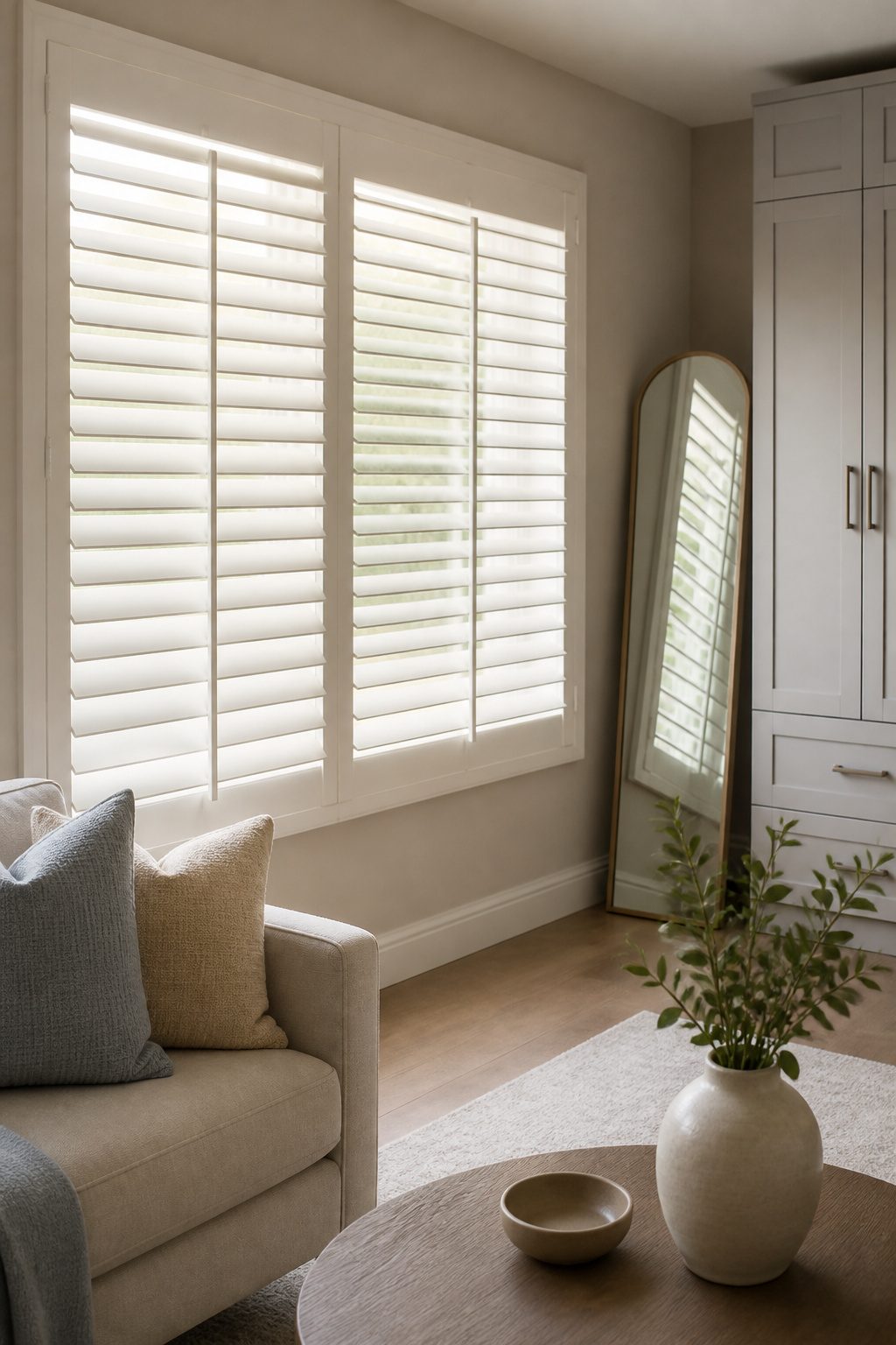 How to Build DIY Interior Window Shutters: 6 Methods from Frame to Finish 12 Wide plantation shutters with alabaster-colored louvers in a room.