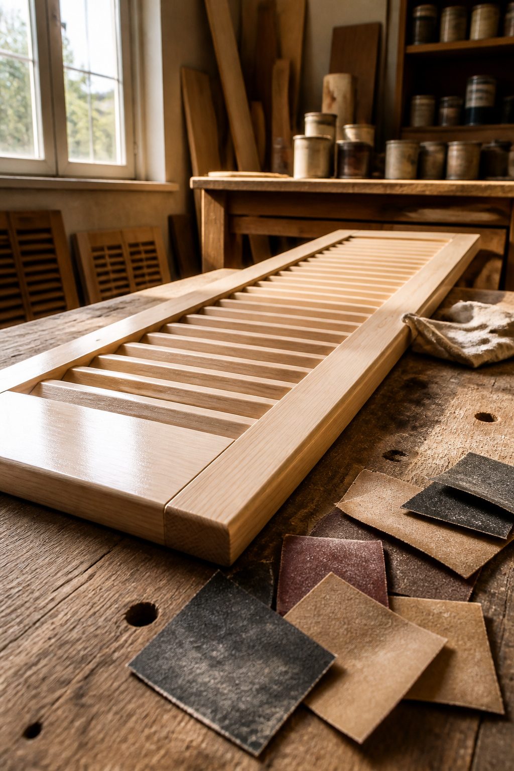 How to Build DIY Interior Window Shutters: 6 Methods from Frame to Finish 8 Sanding a shutter panel with sandpaper for a smooth surface.