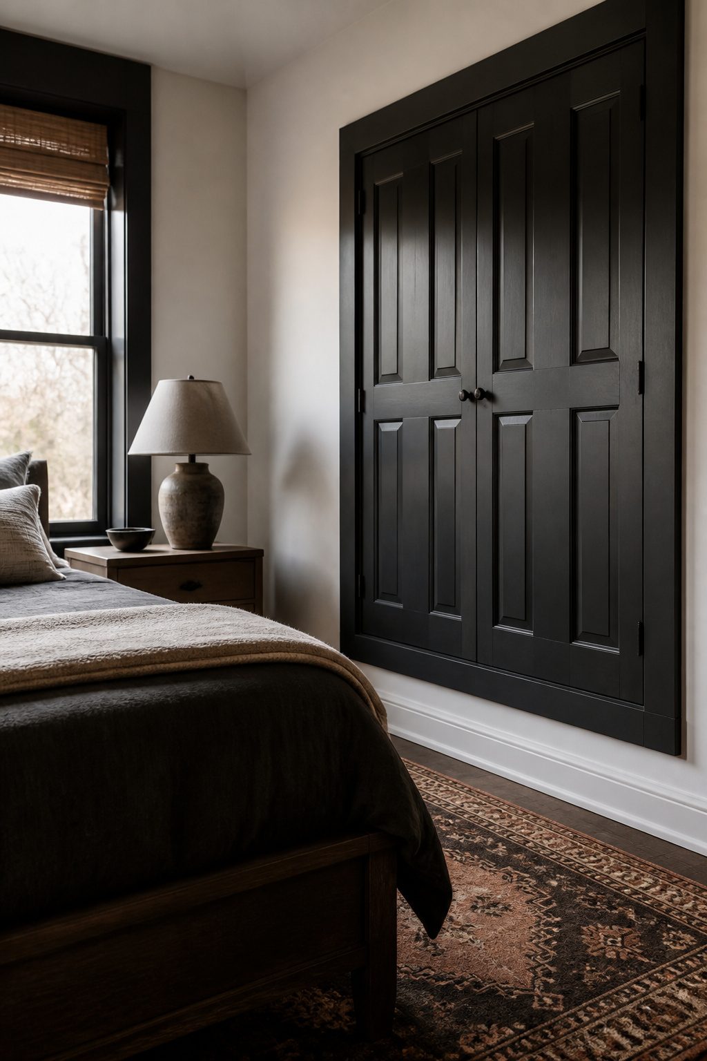 How to Build DIY Interior Window Shutters: 6 Methods from Frame to Finish 11 Deep charcoal solid panel shutters against a white wall.