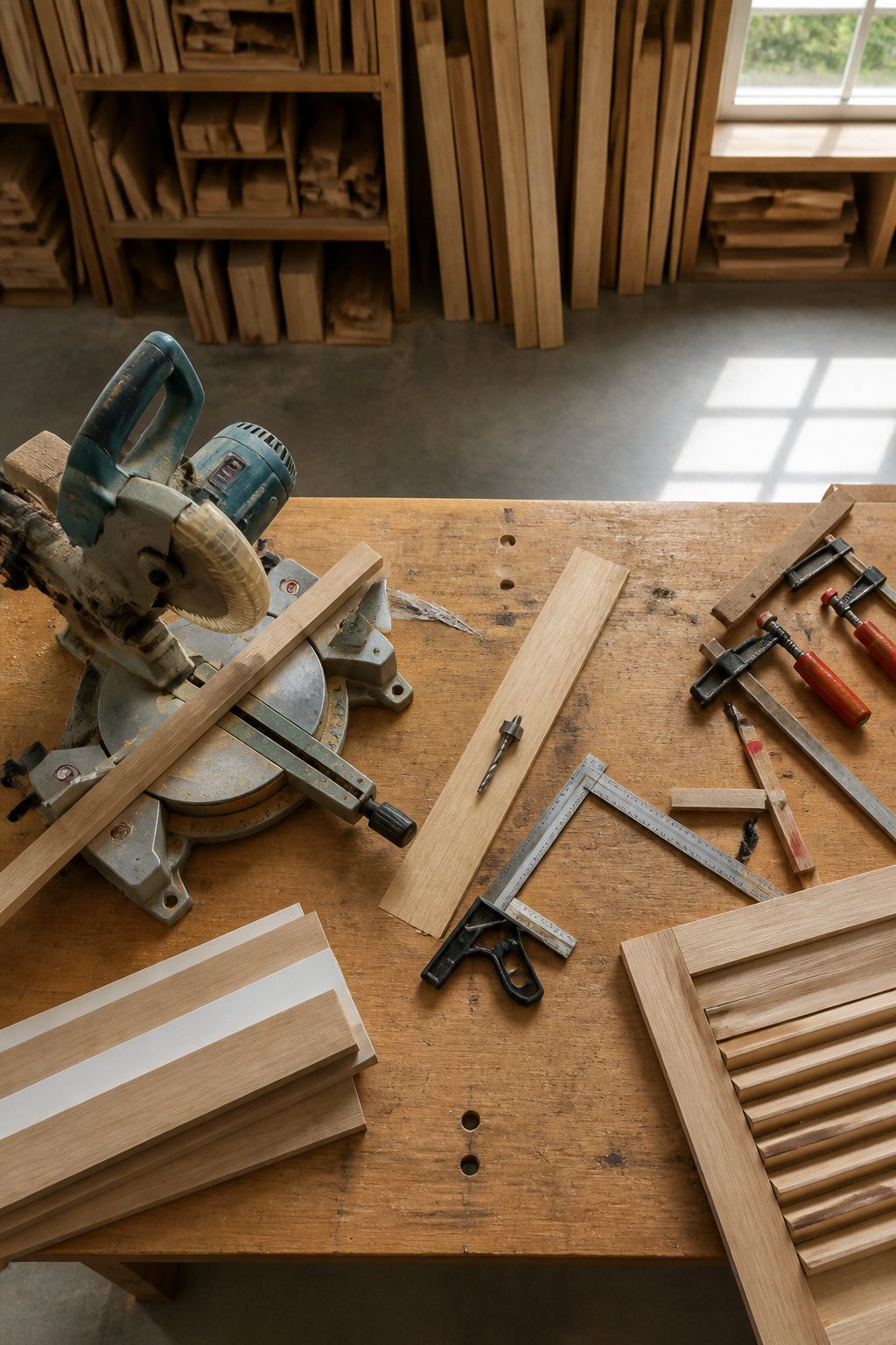 How to Build DIY Interior Window Shutters: 6 Methods from Frame to Finish 14 Tools including a miter saw and clamps ready for shutter construction.