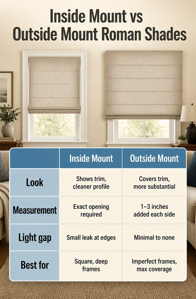 How to Make DIY Roman Shades: 3 Methods Plus Fabric Guide 12 Comparison of inside and outside mount Roman shades.