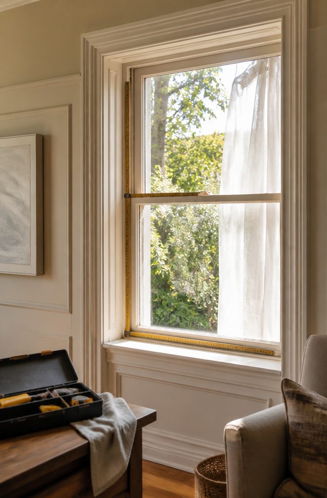 How to Make DIY Roman Shades: 3 Methods Plus Fabric Guide 1 A wooden tape measure measuring the width and height of a window frame.