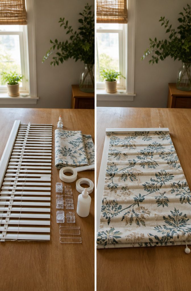 How to Make DIY Roman Shades: 3 Methods Plus Fabric Guide 10 A stripped-down mini blind ready for fabric application.
