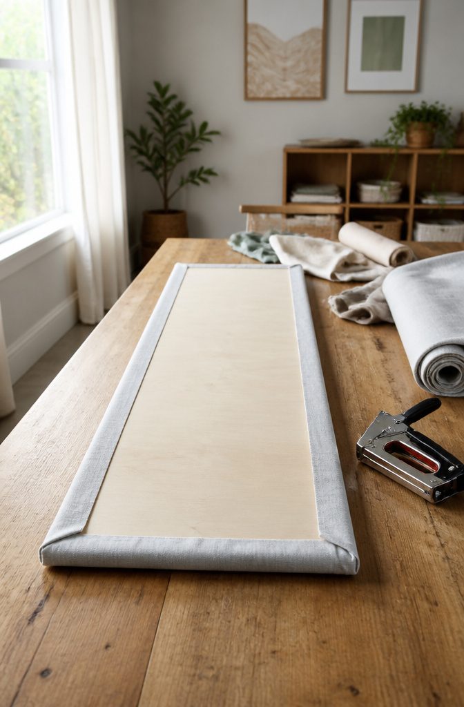 How to Make DIY Roman Shades: 3 Methods Plus Fabric Guide 7 A wooden board wrapped in fabric for mounting Roman shades.