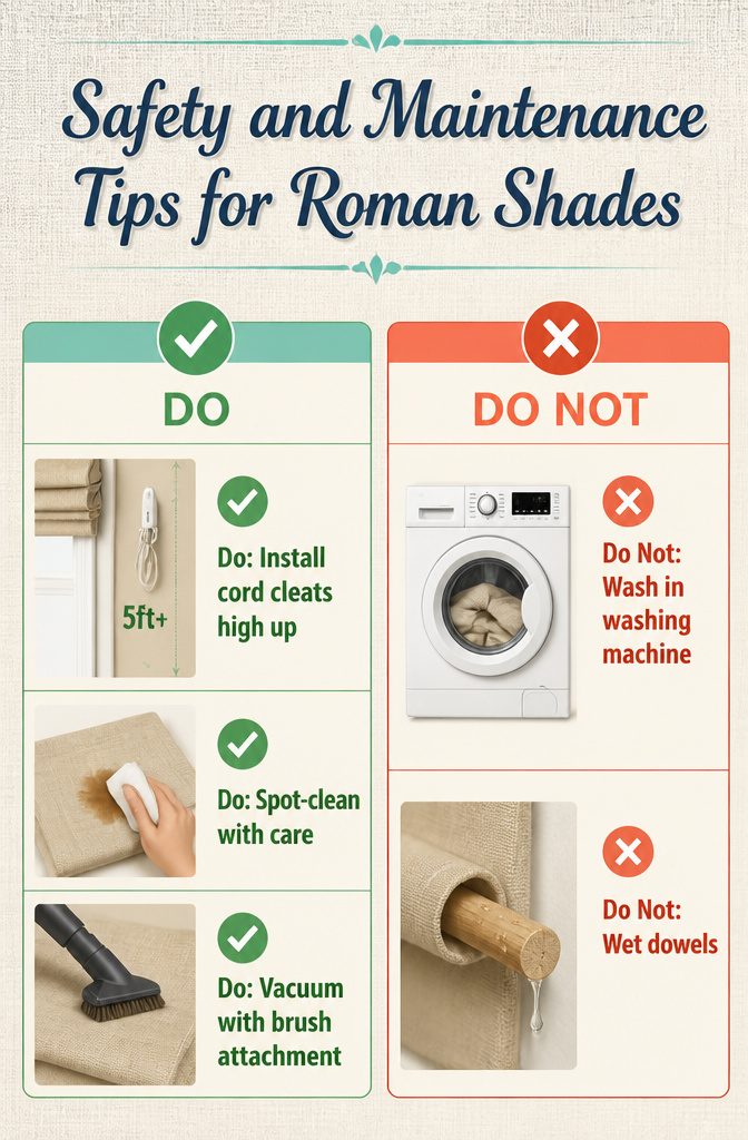 How to Make DIY Roman Shades: 3 Methods Plus Fabric Guide 15 Safety tips for maintaining Roman shades in homes with children.
