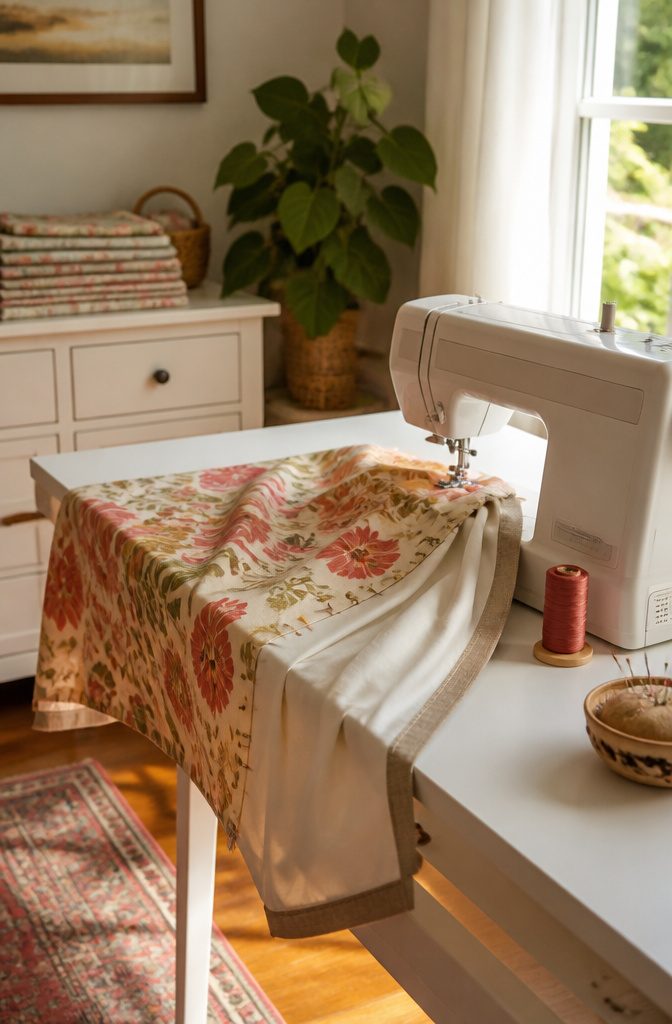 How to Make DIY Roman Shades: 3 Methods Plus Fabric Guide 4 A sewing machine with pinned fabric layers awaiting stitching.