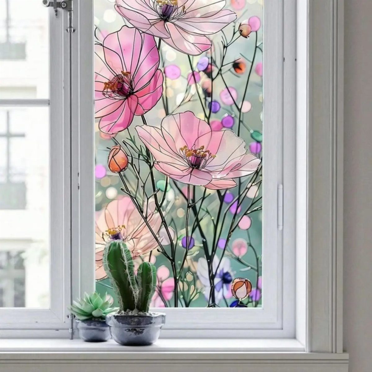 10 DIY Window Covering Ideas for a Quick Upgrade 8 Pink cosmos flowers with colorful bubbles on a decorative window film covering a pane.