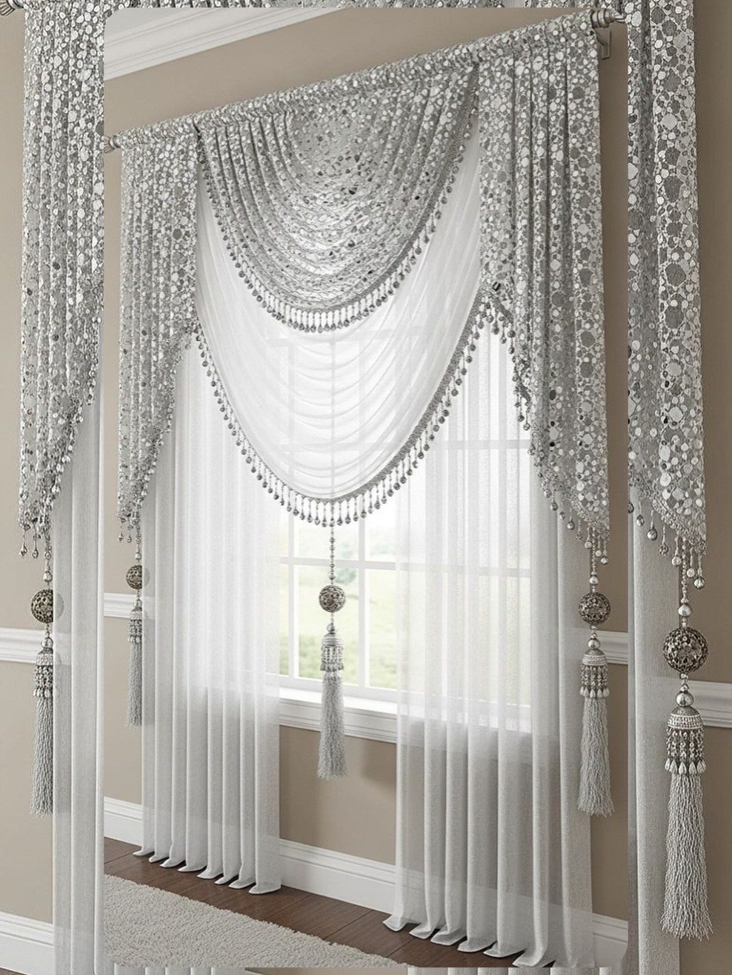 10 DIY Window Covering Ideas for a Quick Upgrade 3 Silver beaded fabric valance draped over sheer white curtains on a window.