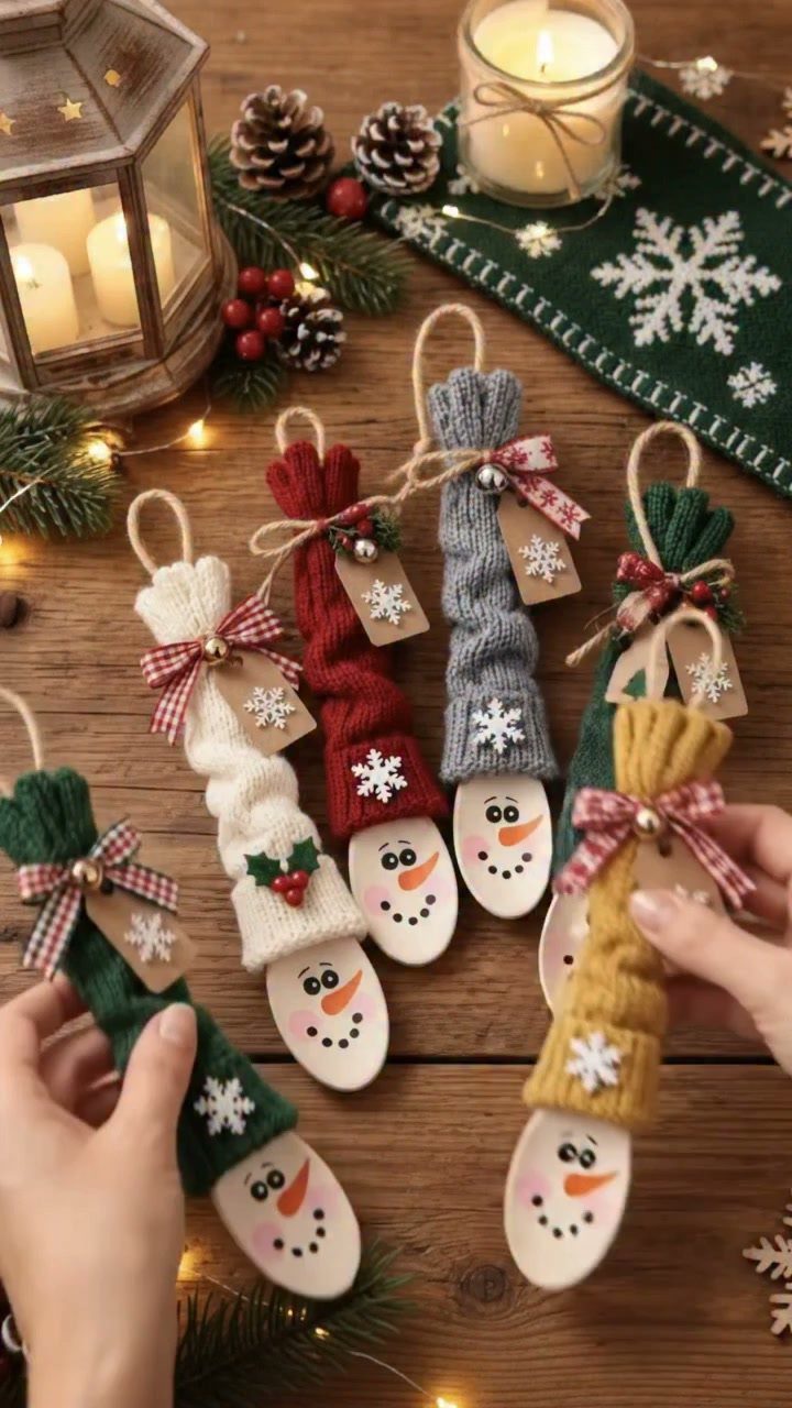 Handmade snowman ornaments made from wooden spoons and colorful knitted fabric on a wooden table.