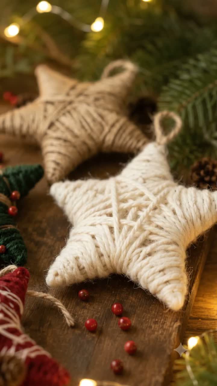 Two star-shaped ornaments wrapped in cream and tan twine on a wooden surface.