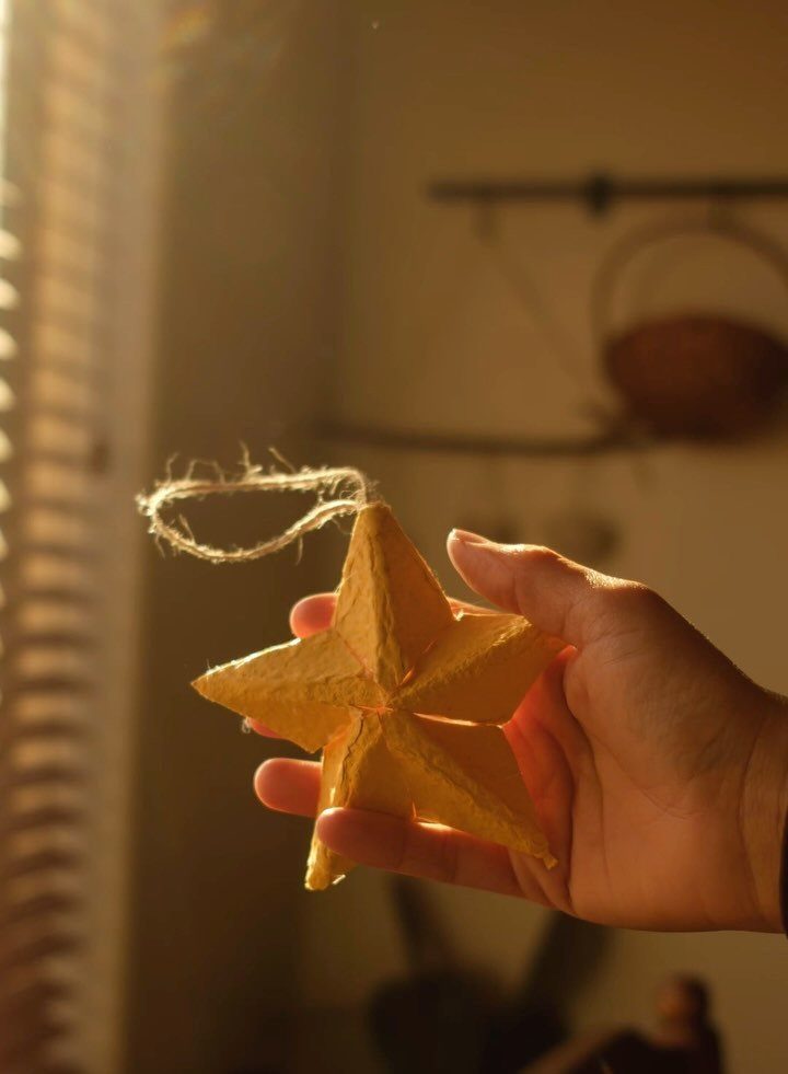 A hand holding a yellow star ornament crafted from an egg carton with twine.