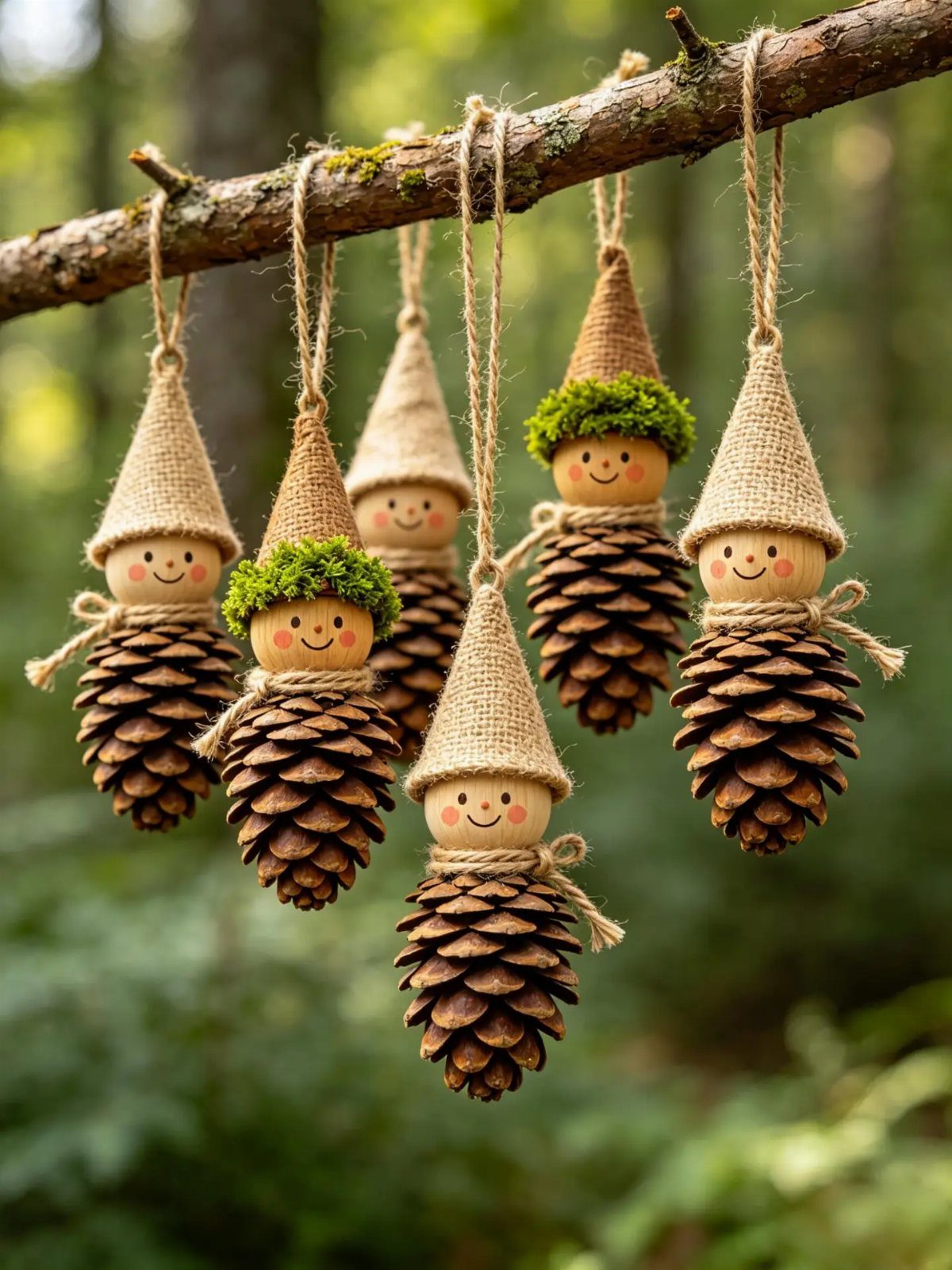 Five gnome-shaped pinecone ornaments hanging from a tree branch in a forest setting.