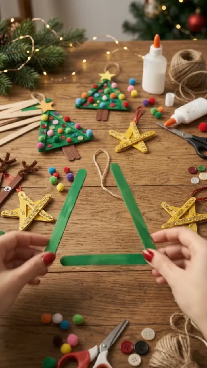 Hands holding green popsicle sticks to form a triangle shape on a wooden craft table.