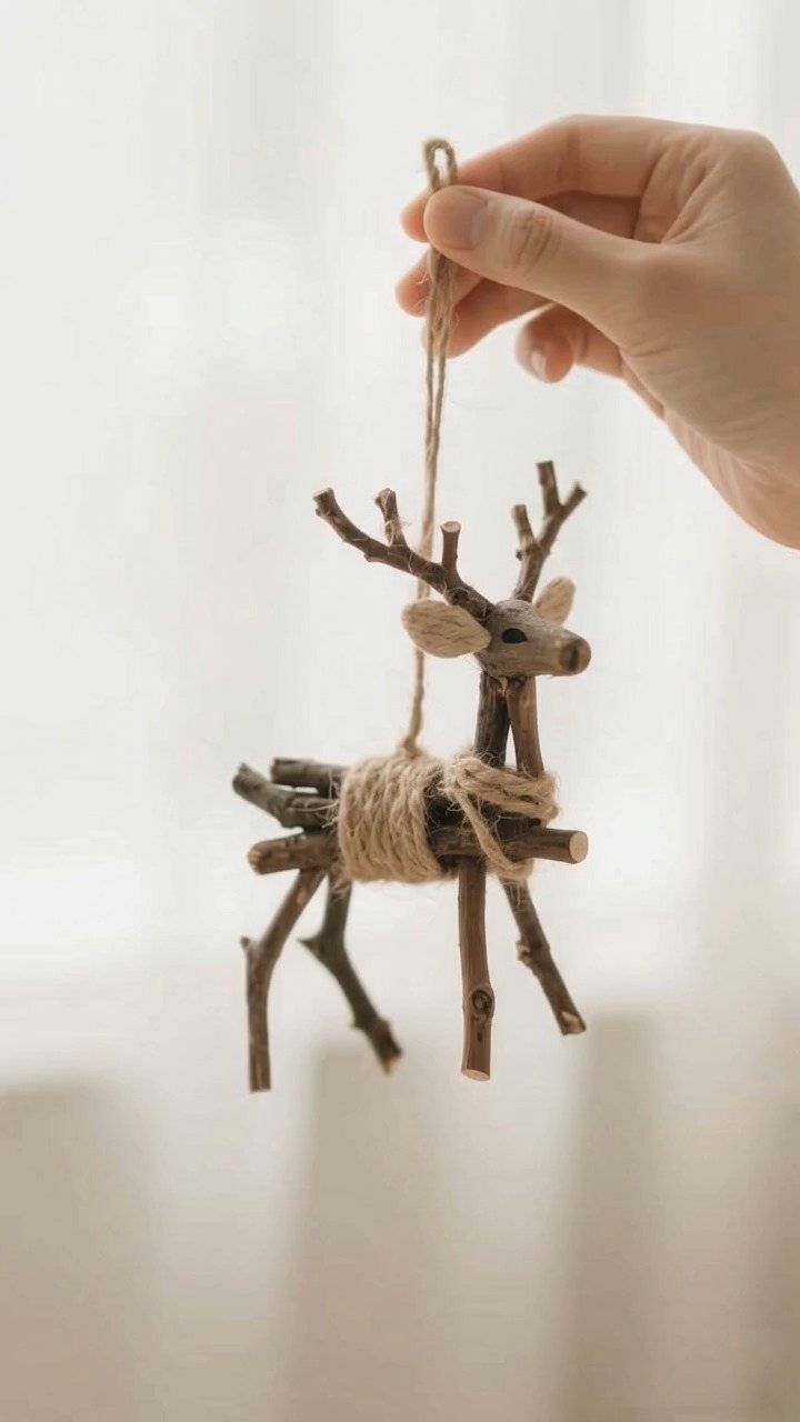 A hand holding a rustic reindeer ornament crafted from small natural twigs and twine.
