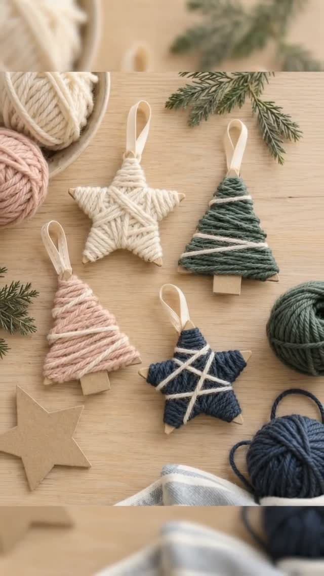 Yarn-wrapped star and tree ornaments resting on a wooden table with colorful yarn balls.
