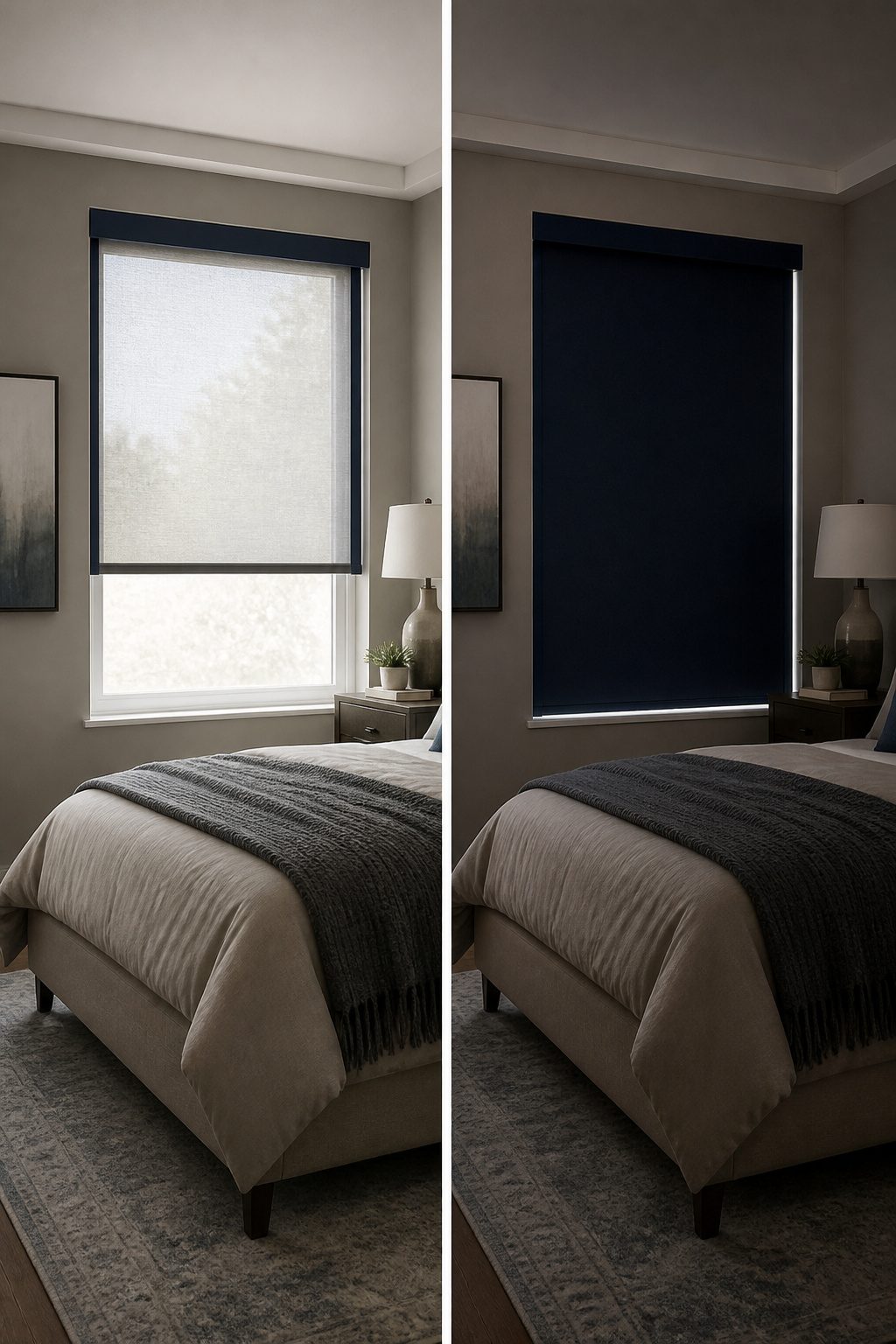 Blackout shades designed to provide total darkness in a room.