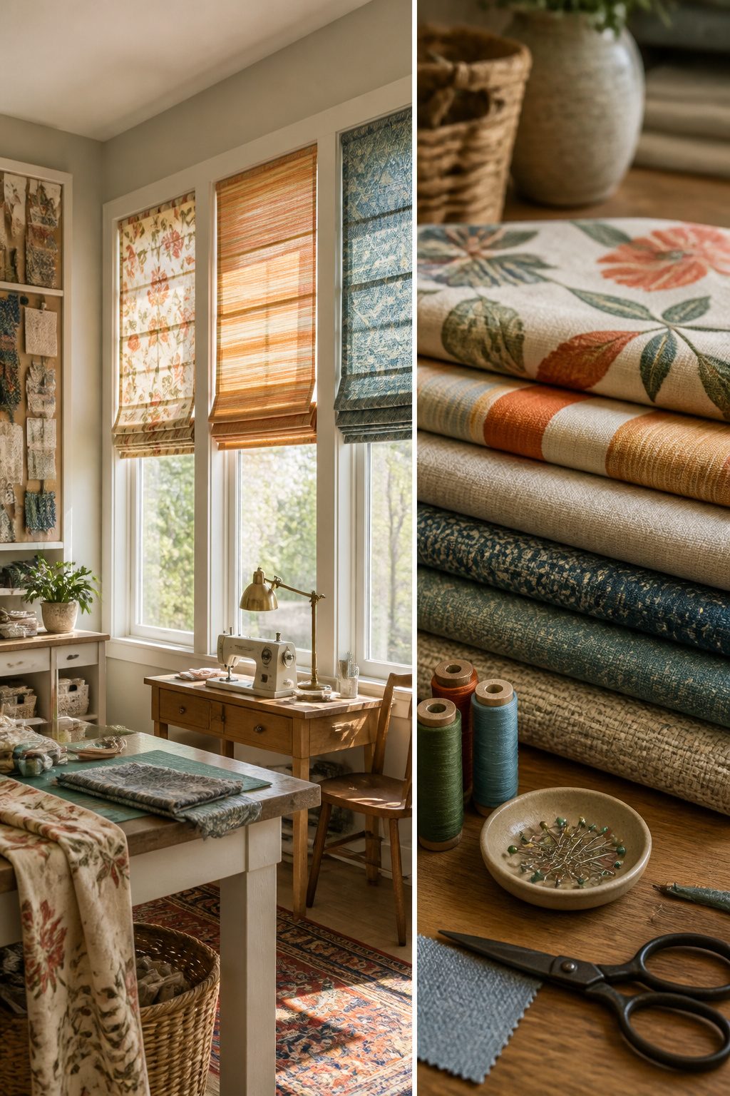 Custom fabric window shades being prepared for installation.