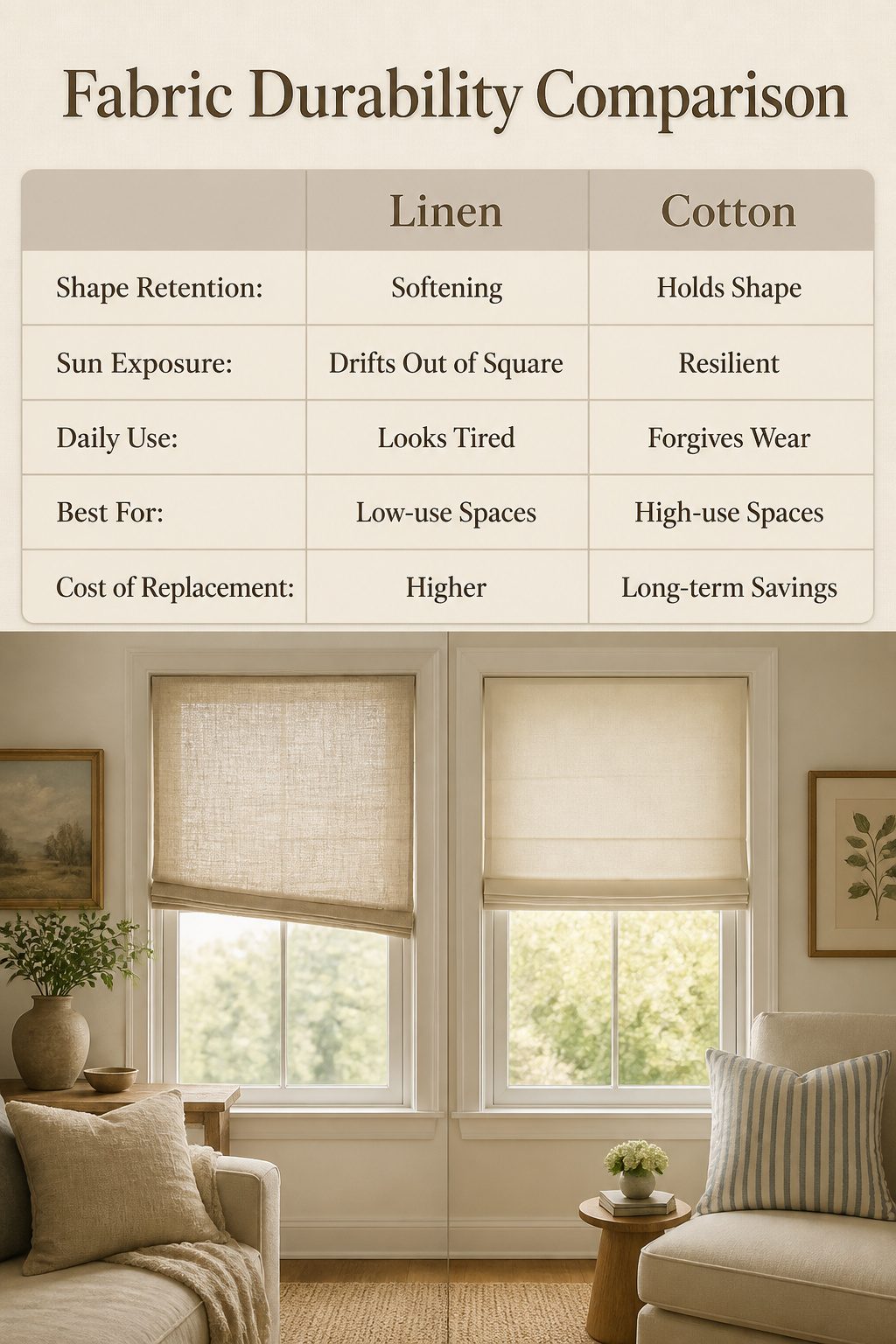 Comparison image of fabric durability for window shades.
