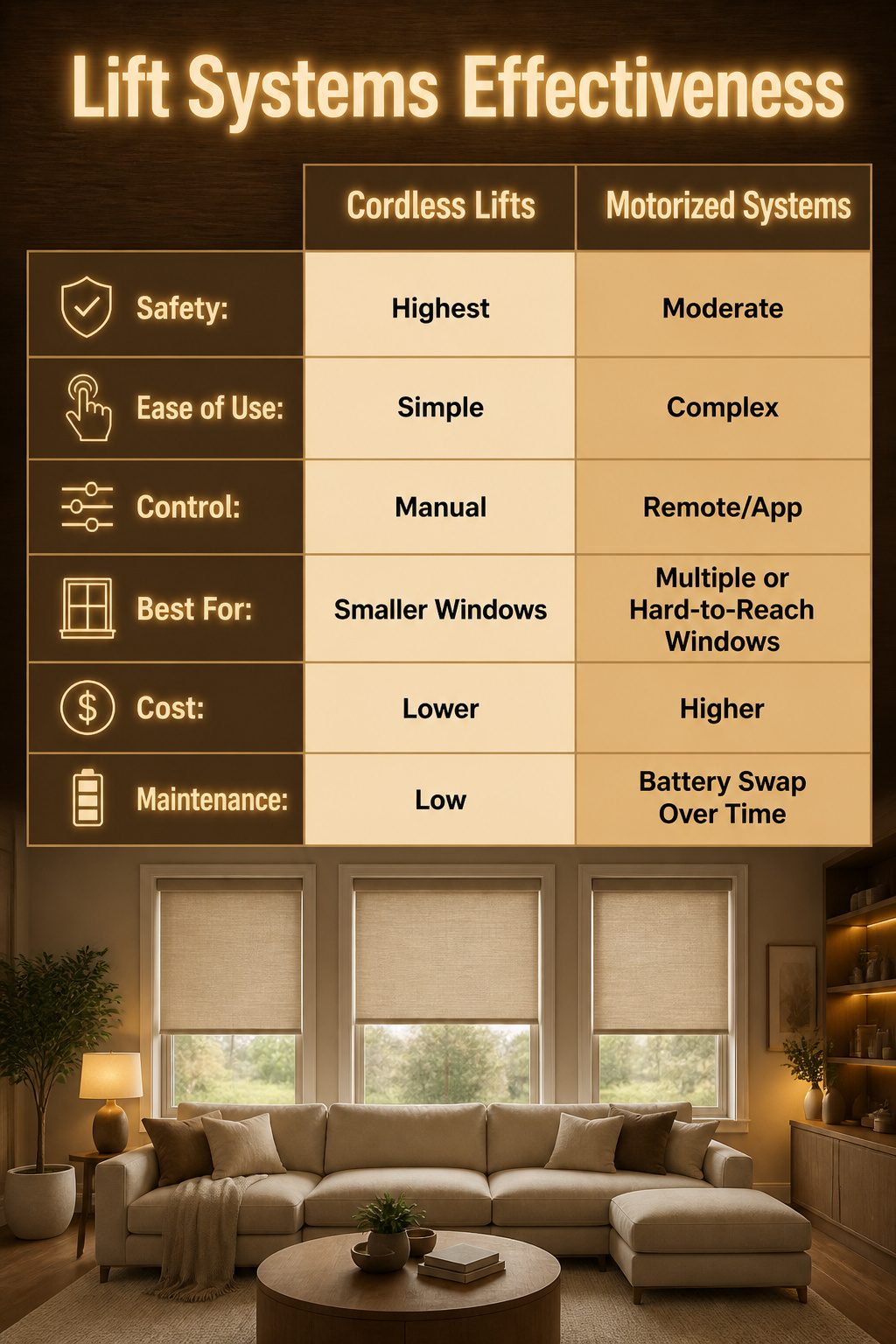 Cordless lift system on a fabric window shade in a home.