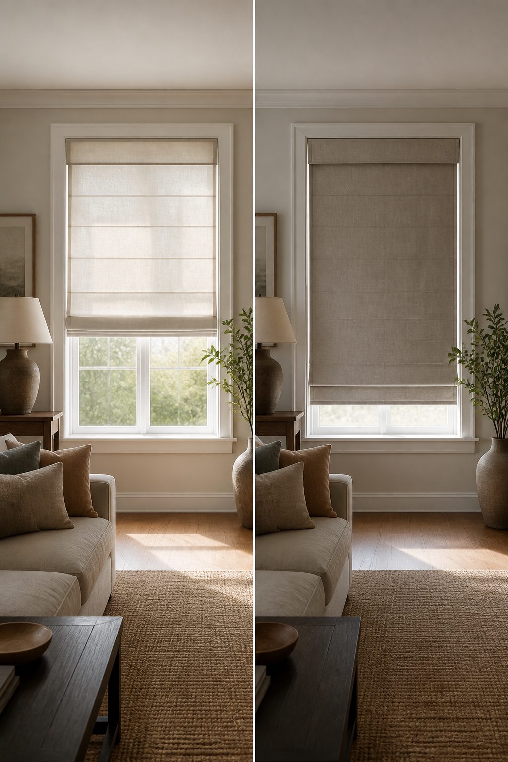 Different types of shade linings displayed for light control.
