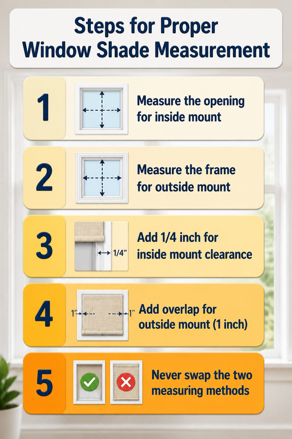 Steps demonstrating how to measure for window shades.