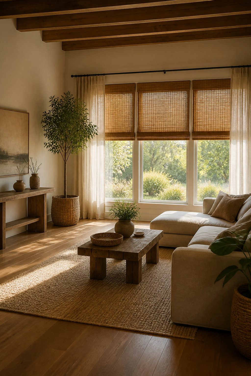 Natural woven shades displaying their grain and texture.