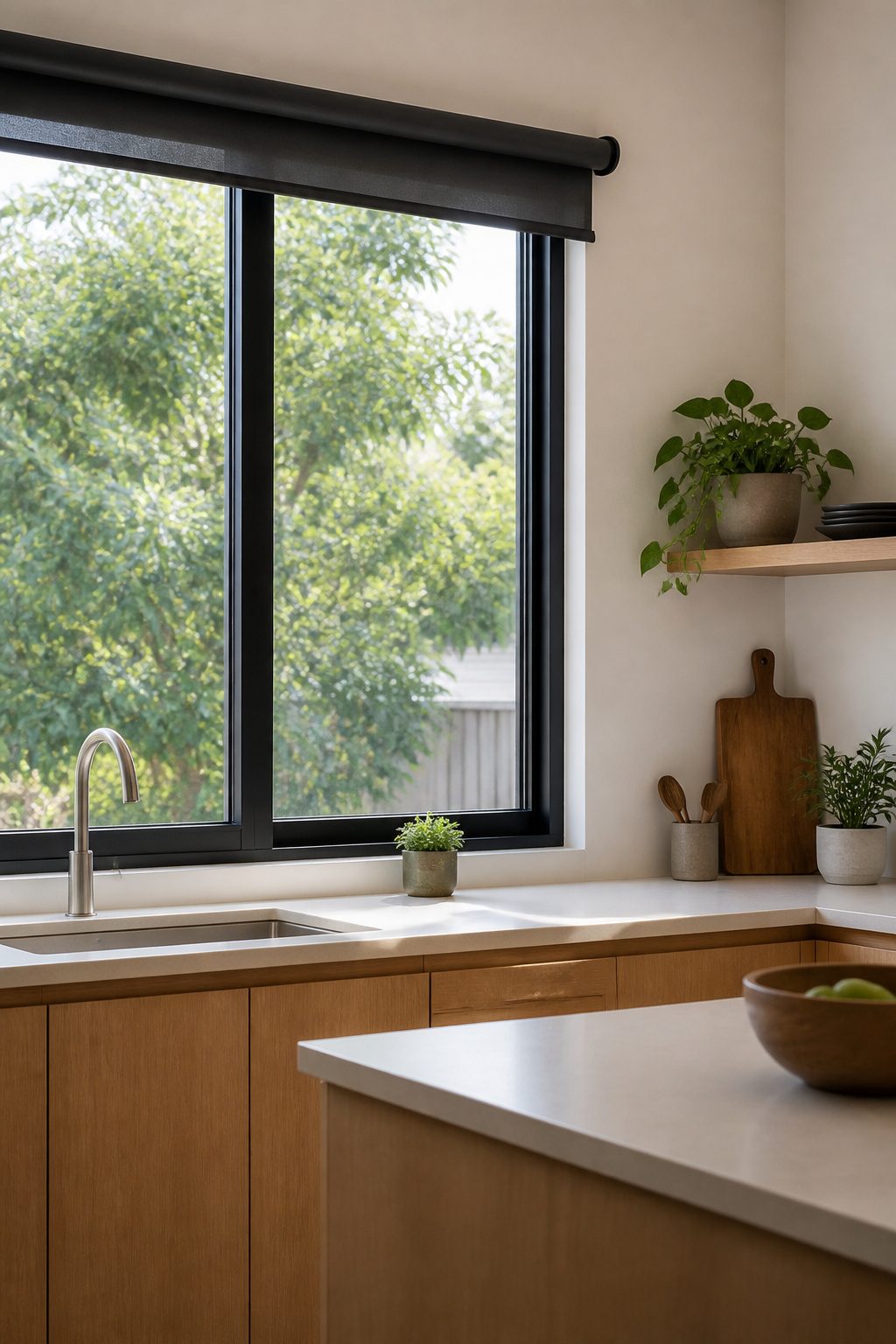 Roller shade in dark gray rolled up in a modern kitchen.