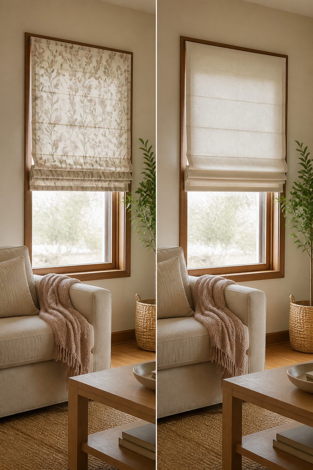 Roman shades with soft folds and a clean, modern look.
