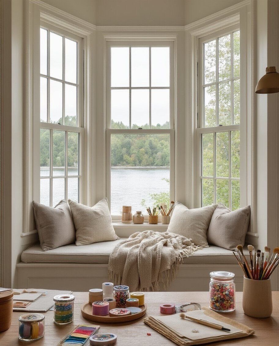 Front Window Design Ideas: 11 Looks Worth Stealing for 2026 4 A cozy bay window seating nook with pillows and a blanket overlooking a lake.