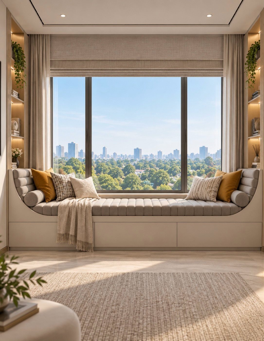 Front Window Design Ideas: 11 Looks Worth Stealing for 2026 6 A long cushioned window seat with pillows sits before a large window overlooking a city skyline.