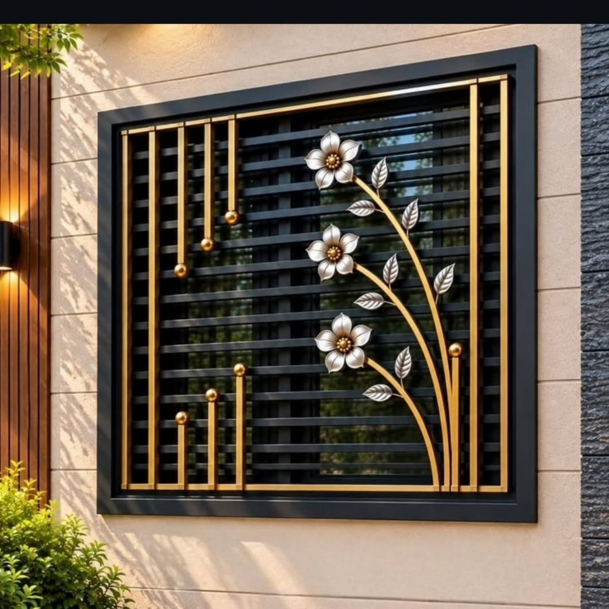 Front Window Design Ideas: 11 Looks Worth Stealing for 2026 9 A black window frame featuring a decorative gold floral metal grille design.
