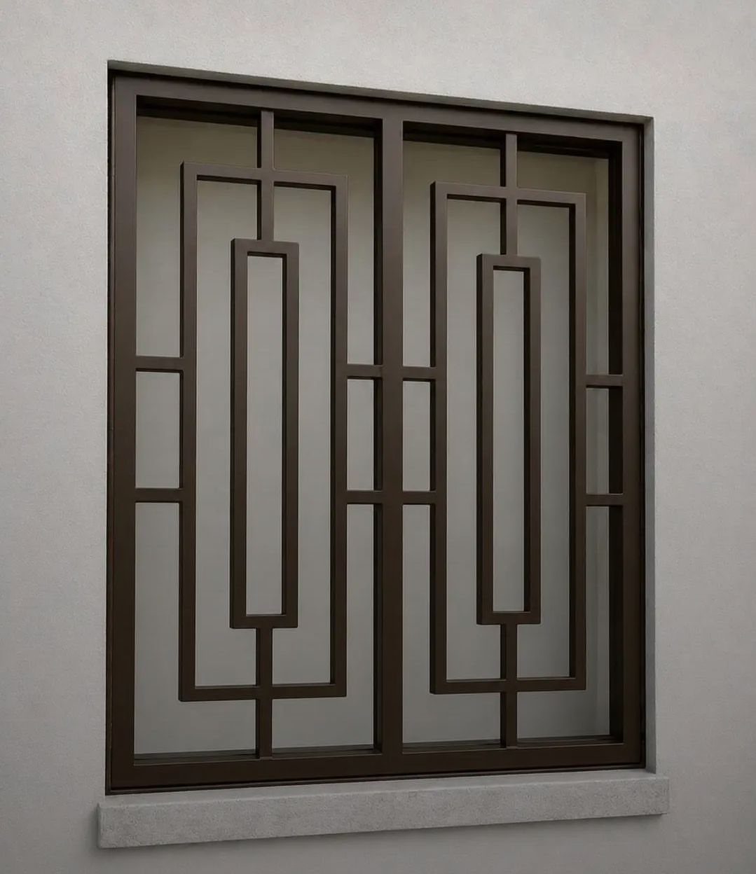 Front Window Design Ideas: 11 Looks Worth Stealing for 2026 7 A dark brown window with a complex geometric pattern of interlocking rectangular lines set in a grey wall.