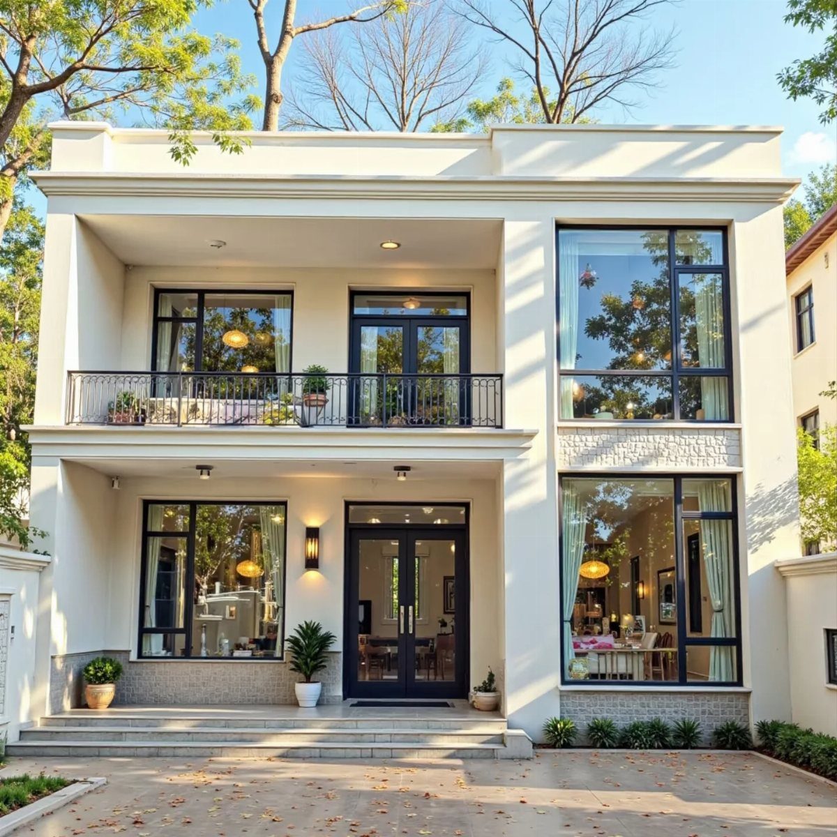 Front Window Design Ideas: 11 Looks Worth Stealing for 2026 11 Modern white two-story house featuring large black-framed windows and a second-story balcony.