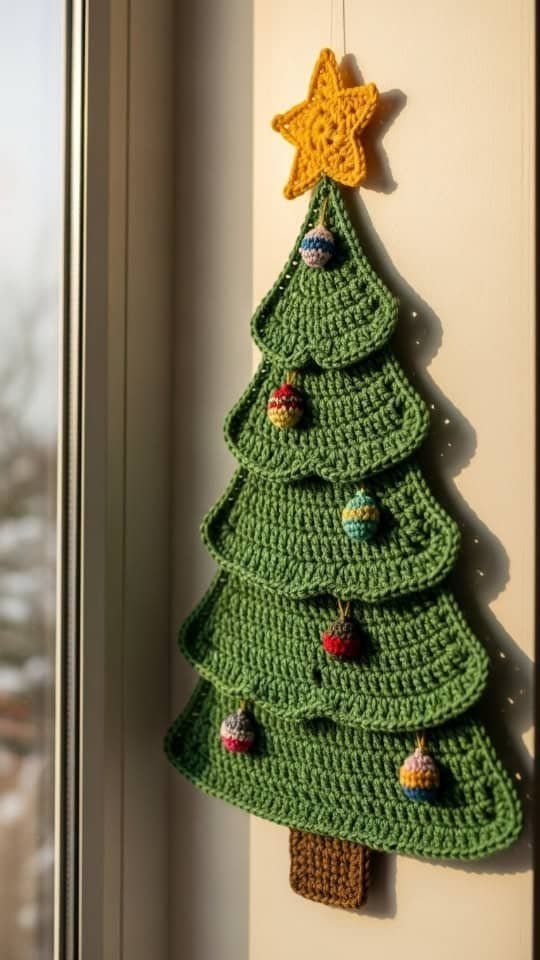 Hanging Christmas Tree: 6 Ideas for Small Spaces 6 A green crochet Christmas tree decoration with a yellow star and colorful ornaments hanging on a wall.