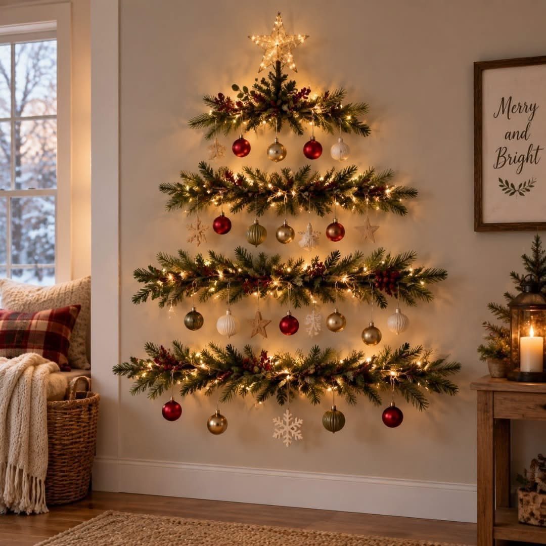 Hanging Christmas Tree: 6 Ideas for Small Spaces 2 Evergreen branches arranged in a triangular tree shape on a wall with lights and ornaments.