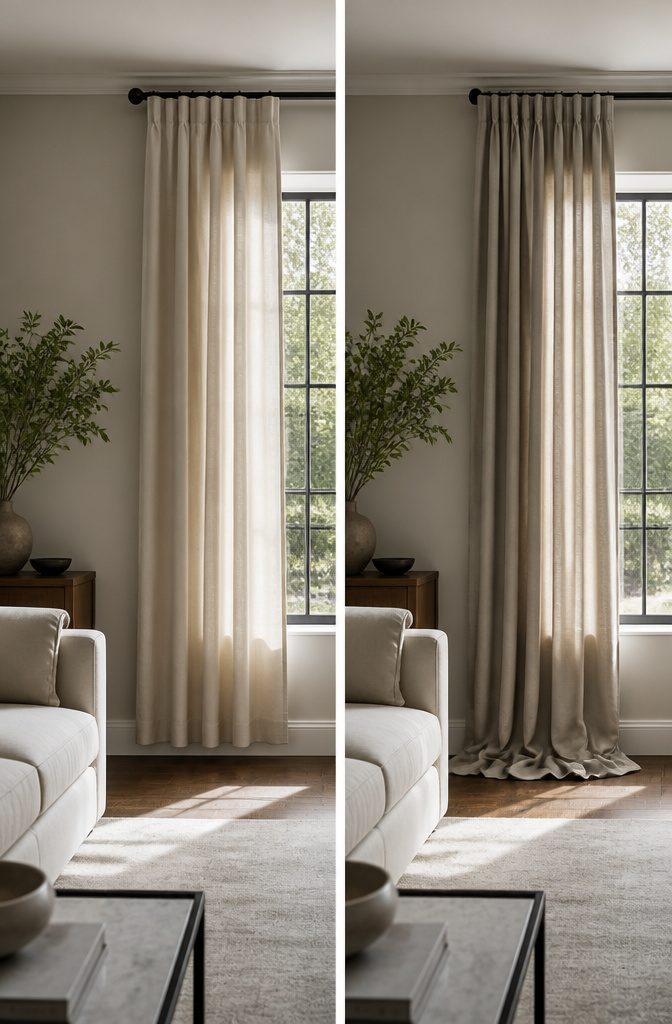A close-up showing curtains hovering just above the floor.