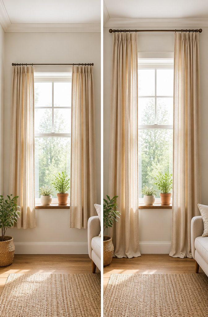 A photo showing the height of a curtain rod above a window frame.
