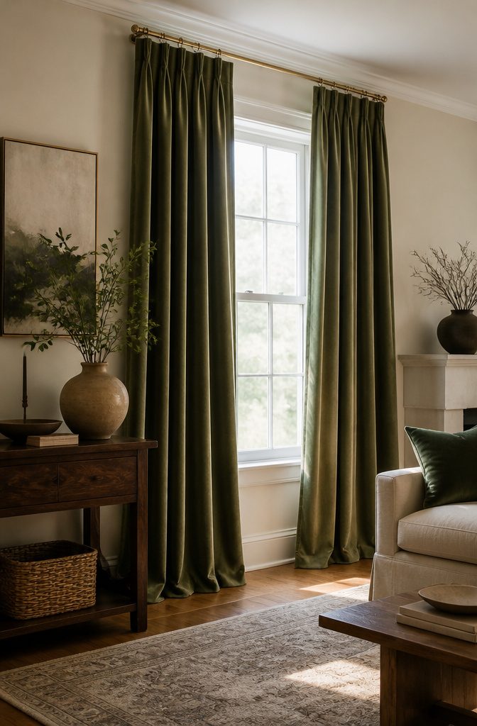 A pair of lush velvet curtain panels draping elegantly.