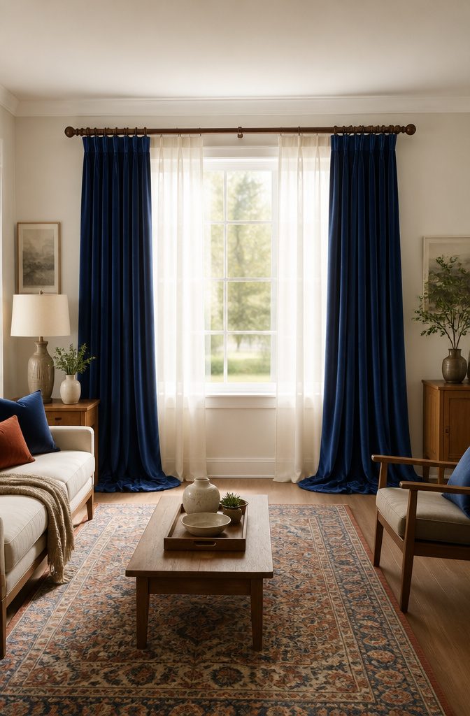 A picture displaying a curtain rod extended beyond a window frame.
