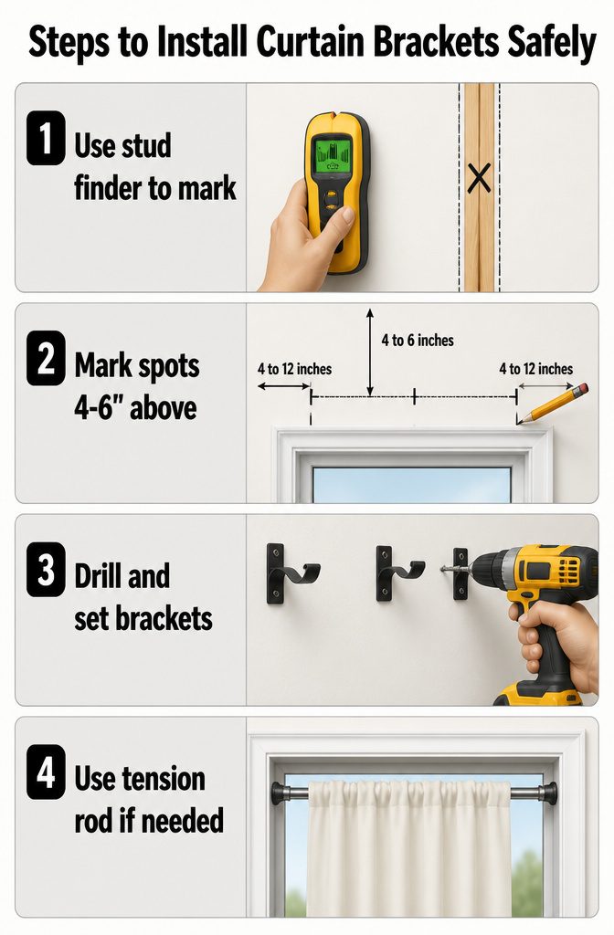 An instructional image showing steps to install curtain brackets.